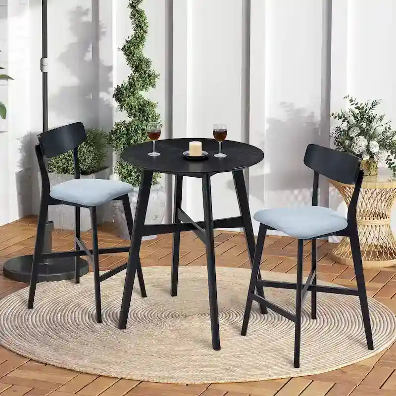 Set da pranzo moderno di 3 pezzi con tavolo rotondo in legno e 2 sgabelli da bar imbottiti in legno massiccio per sala da pranzo, bar e soggiorno