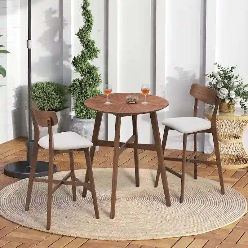 Set da pranzo moderno di 3 pezzi con tavolo rotondo in legno e 2 sgabelli da bar imbottiti in legno massiccio per sala da pranzo, bar e soggiorno