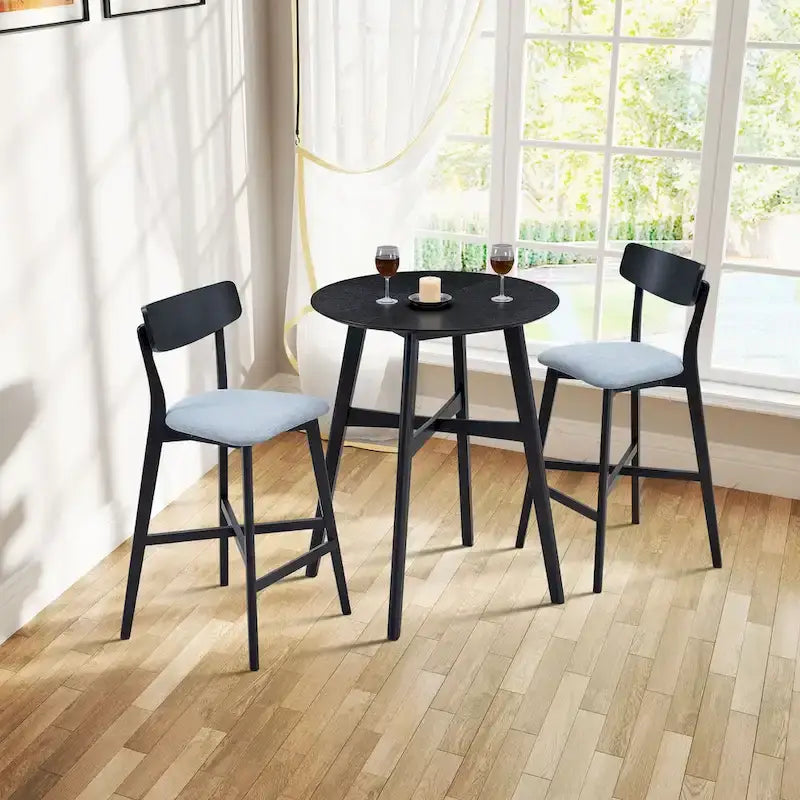 Set da pranzo moderno di 3 pezzi con tavolo rotondo in legno e 2 sgabelli da bar imbottiti in legno massiccio per sala da pranzo, bar e soggiorno