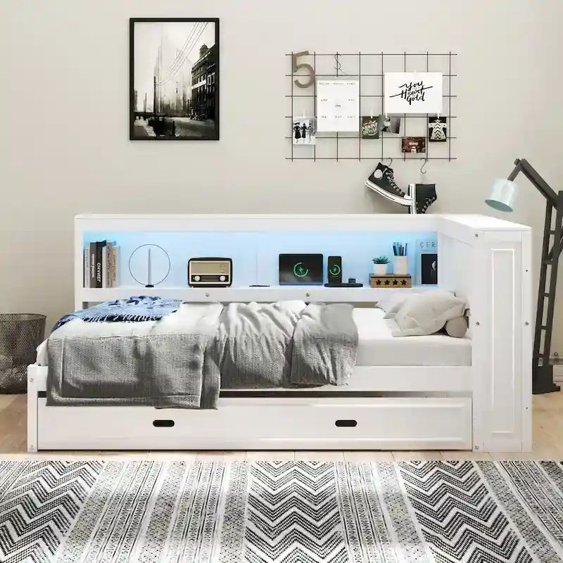 Letto a giorno completo bianco/legno con rotelle, 2 posti