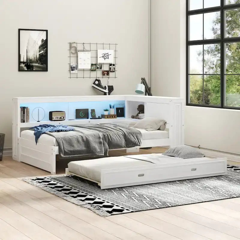 Letto a giorno completo bianco/legno con rotelle, 2 posti