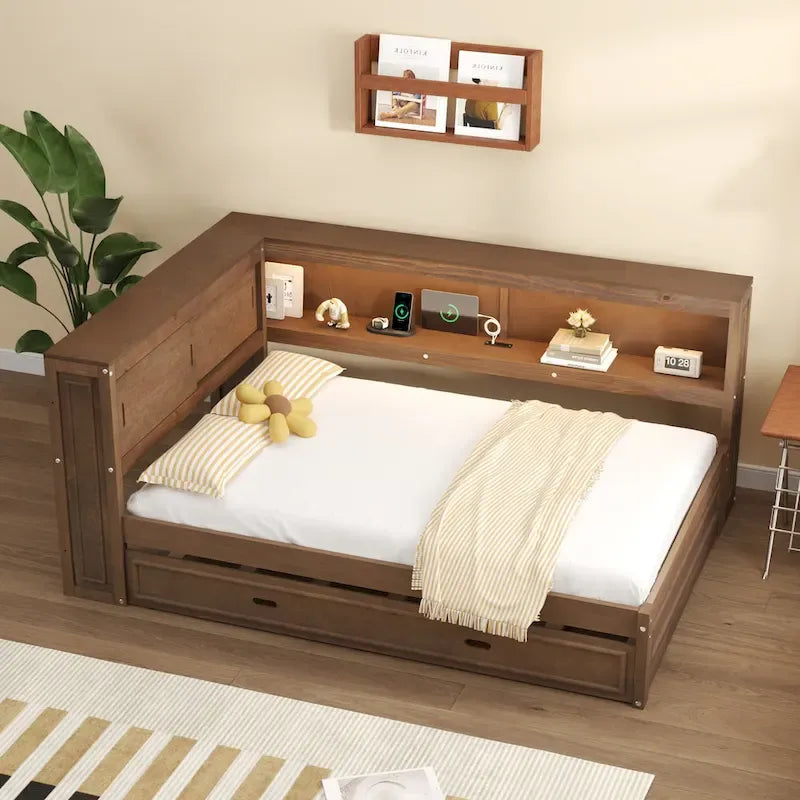 Letto a giorno completo bianco/legno con rotelle, 2 posti