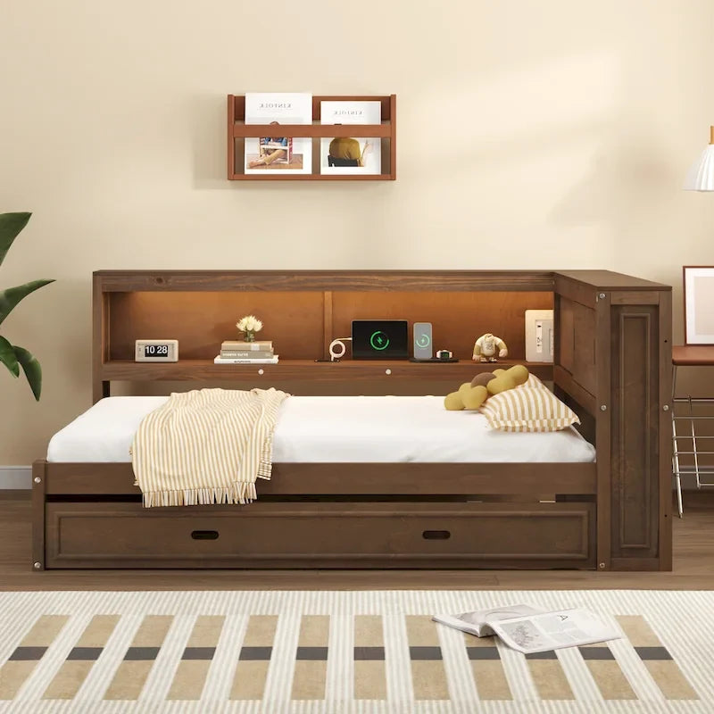 Letto a giorno completo bianco/legno con rotelle, 2 posti