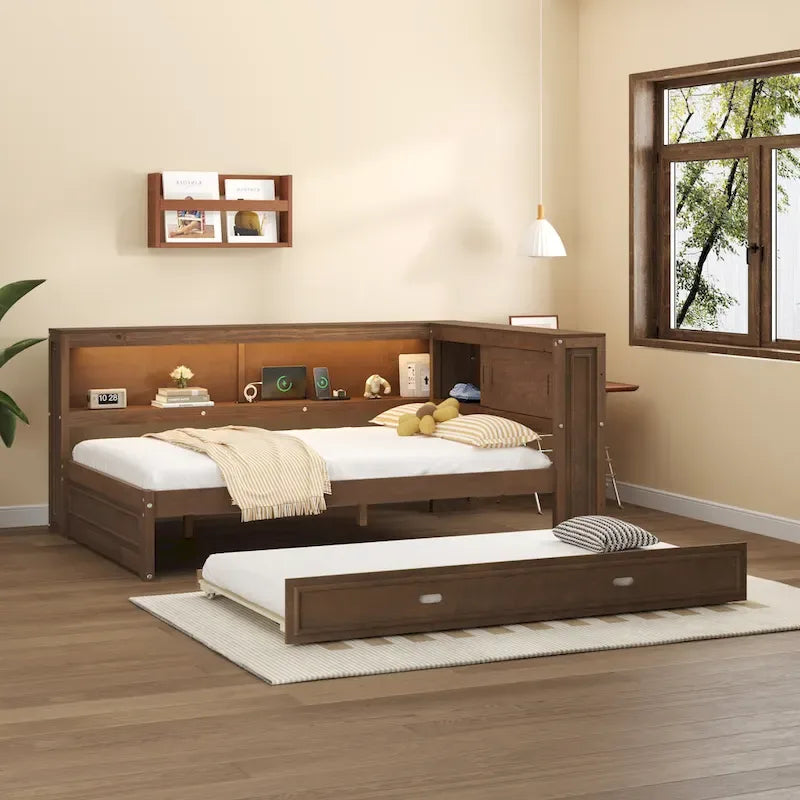 Letto a giorno completo bianco/legno con rotelle, 2 posti