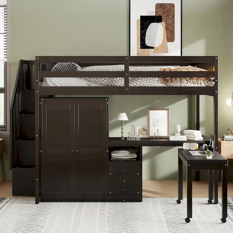 Letto a soppalco full size con scale, scrivania, libreria e armadio – Espresso / Grigio / Bianco