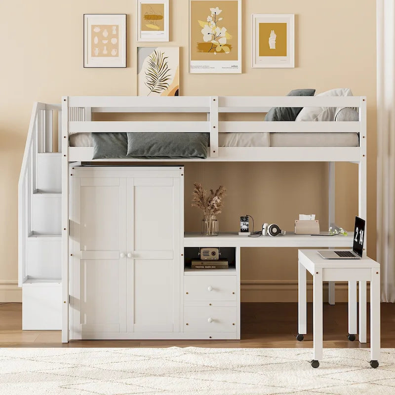 Letto a soppalco full size con scale, scrivania, libreria e armadio – Espresso / Grigio / Bianco