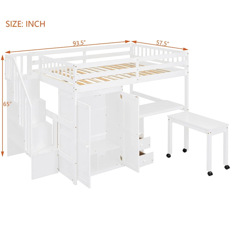 Letto a soppalco full size con scale, scrivania, libreria e armadio – Espresso / Grigio / Bianco