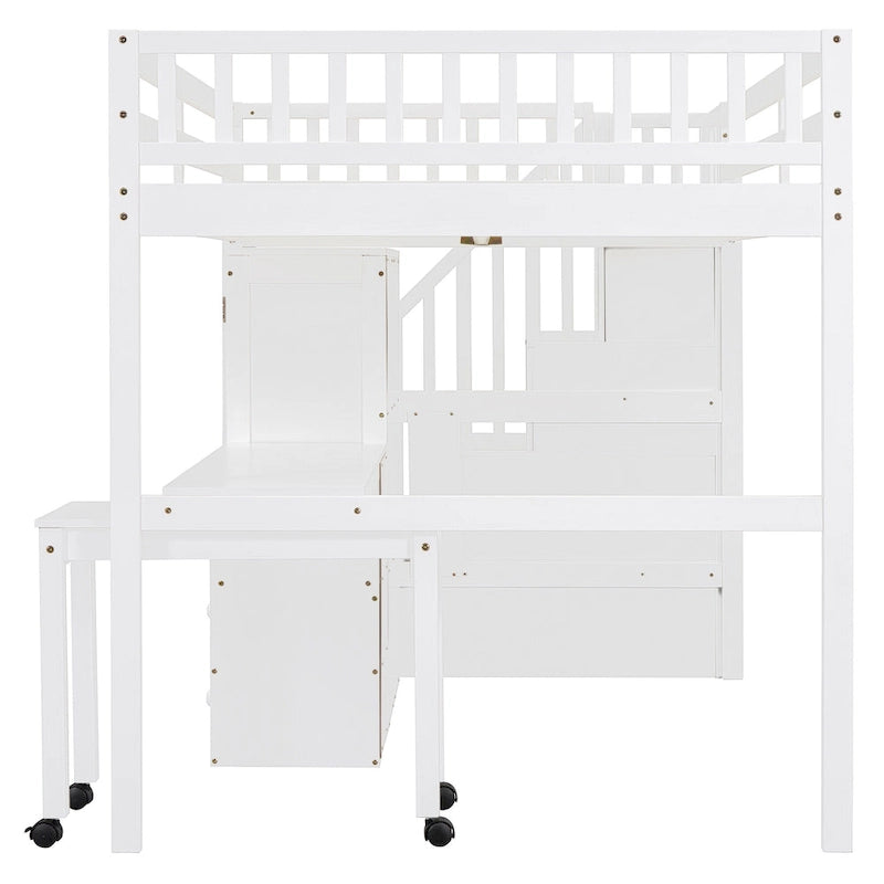 Letto a soppalco full size con scale, scrivania, libreria e armadio – Espresso / Grigio / Bianco