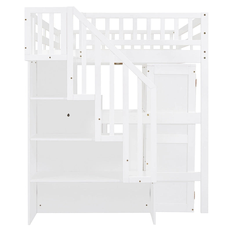 Letto a soppalco full size con scale, scrivania, libreria e armadio – Espresso / Grigio / Bianco