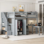 Letto a soppalco full size con scale, scrivania, libreria e armadio – Espresso / Grigio / Bianco