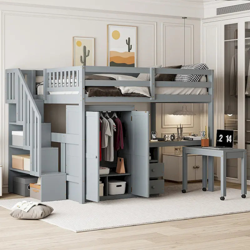 Letto a soppalco full size con scale, scrivania, libreria e armadio – Espresso / Grigio / Bianco