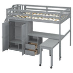 Letto a soppalco full size con scale, scrivania, libreria e armadio – Espresso / Grigio / Bianco