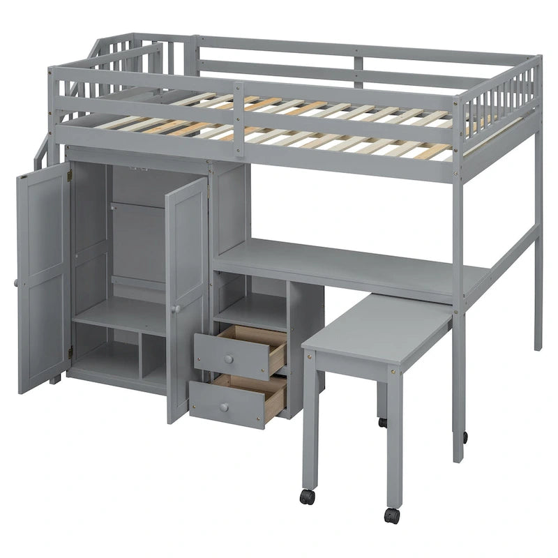 Letto a soppalco full size con scale, scrivania, libreria e armadio – Espresso / Grigio / Bianco