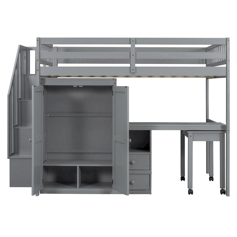 Letto a soppalco full size con scale, scrivania, libreria e armadio – Espresso / Grigio / Bianco