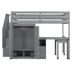 Letto a soppalco full size con scale, scrivania, libreria e armadio – Espresso / Grigio / Bianco