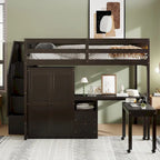 Letto a soppalco full size con scale, scrivania, libreria e armadio – Espresso / Grigio / Bianco