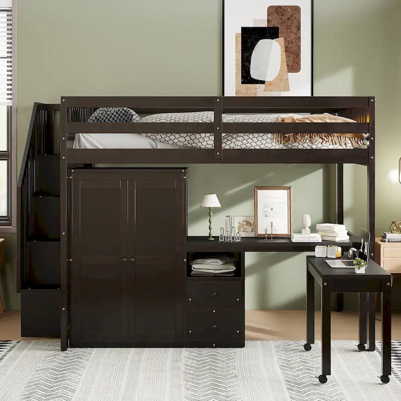 Letto a soppalco full size con scale, scrivania, libreria e armadio – Espresso / Grigio / Bianco