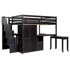 Letto a soppalco full size con scale, scrivania, libreria e armadio – Espresso / Grigio / Bianco