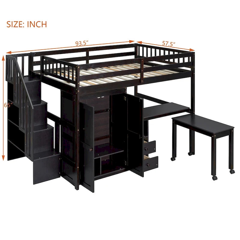 Letto a soppalco full size con scale, scrivania, libreria e armadio – Espresso / Grigio / Bianco