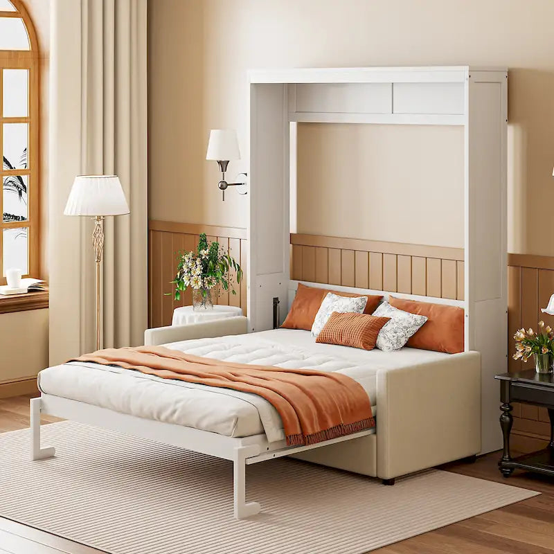 Letto a Scomparsa Multifunzione Matrimoniale Bianco con Cuscino e Contenitore