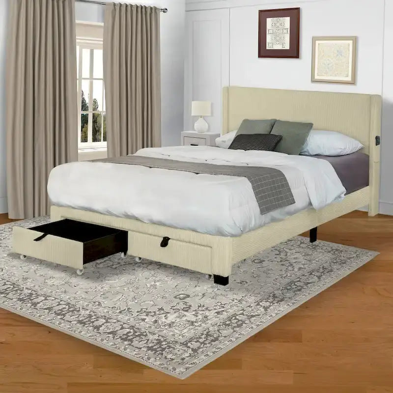Letto matrimoniale Queen beige con piattaforma, rivestito in velluto a coste, con testiera e pediera a orecchioni con contenitore