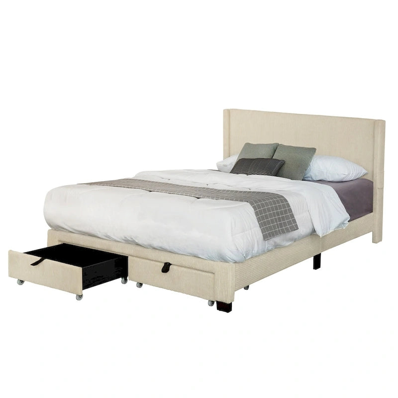 Letto matrimoniale Queen beige con piattaforma, rivestito in velluto a coste, con testiera e pediera a orecchioni con contenitore