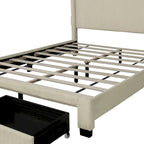Letto matrimoniale Queen beige con piattaforma, rivestito in velluto a coste, con testiera e pediera a orecchioni con contenitore
