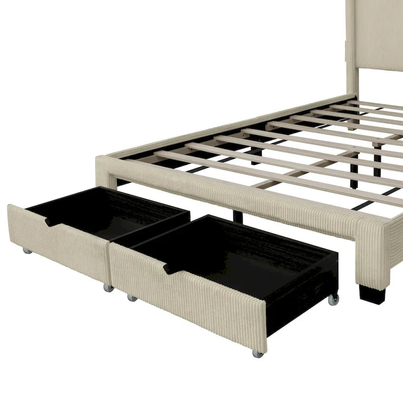 Letto matrimoniale Queen beige con piattaforma, rivestito in velluto a coste, con testiera e pediera a orecchioni con contenitore