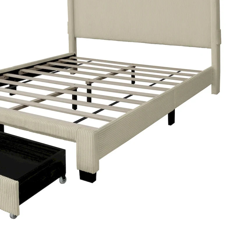 Letto matrimoniale Queen beige con piattaforma, rivestito in velluto a coste, con testiera e pediera a orecchioni con contenitore