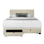 Letto matrimoniale Queen beige con piattaforma, rivestito in velluto a coste, con testiera e pediera a orecchioni con contenitore
