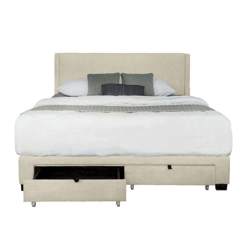 Letto matrimoniale Queen beige con piattaforma, rivestito in velluto a coste, con testiera e pediera a orecchioni con contenitore