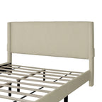 Letto matrimoniale Queen beige con piattaforma, rivestito in velluto a coste, con testiera e pediera a orecchioni con contenitore