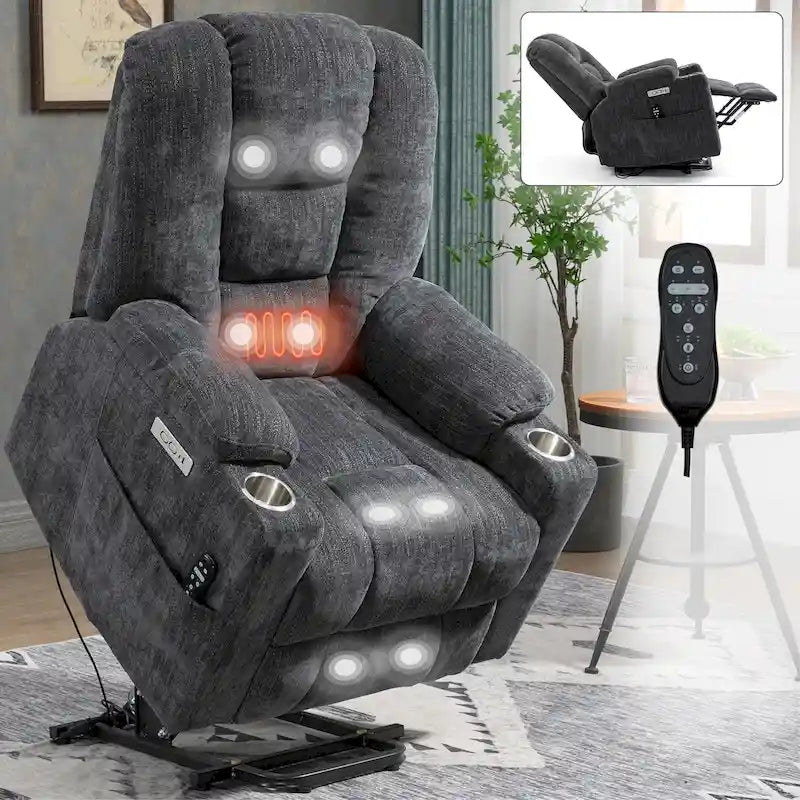Poltrona Reclinabile Elettrica Spaziosa Grigia con Massaggio, Calore, Doppie Porte USB, Ricarica Tipo C e Portabicchieri
