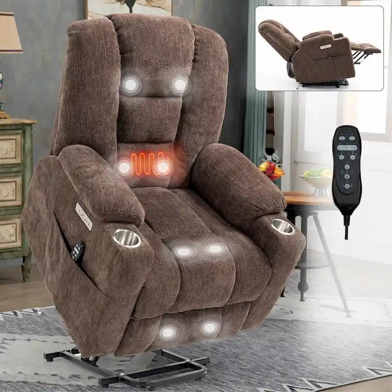 Poltrona Reclinabile Elettrica Spaziosa Grigia con Massaggio, Calore, Doppie Porte USB, Ricarica Tipo C e Portabicchieri