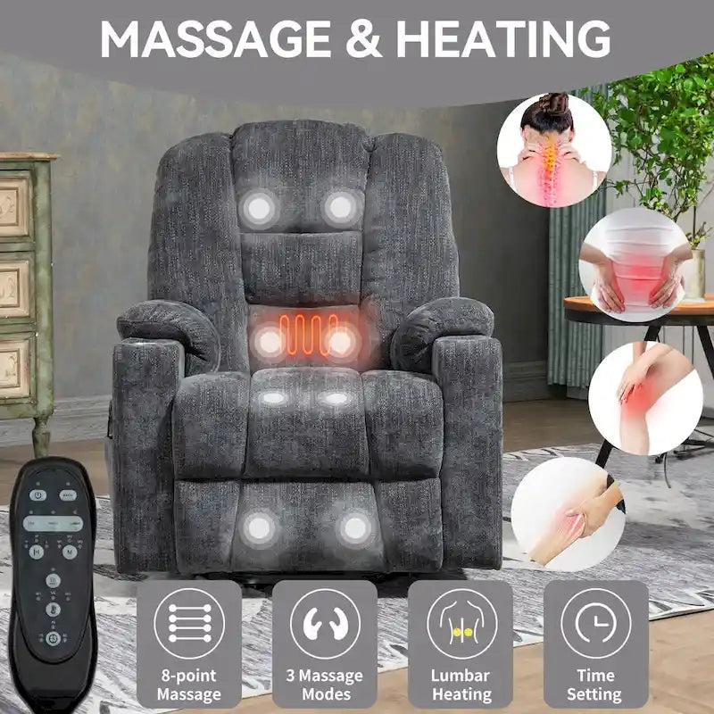 Poltrona Reclinabile Elettrica Spaziosa Grigia con Massaggio, Calore, Doppie Porte USB, Ricarica Tipo C e Portabicchieri