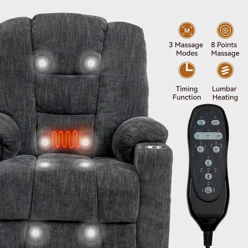 Poltrona Reclinabile Elettrica Spaziosa Grigia con Massaggio, Calore, Doppie Porte USB, Ricarica Tipo C e Portabicchieri