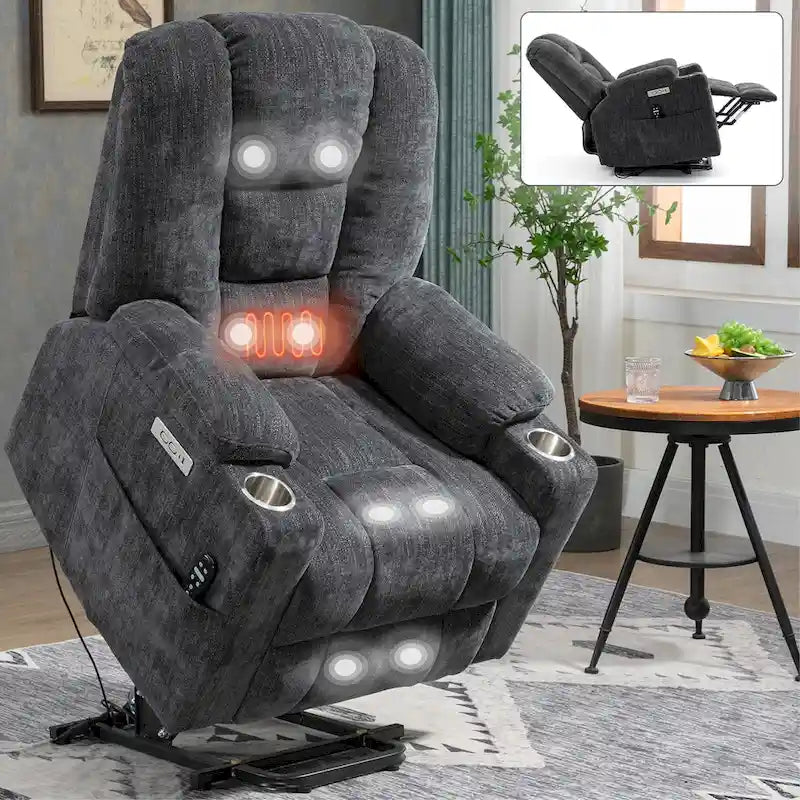 Poltrona Reclinabile Elettrica Spaziosa Grigia con Massaggio, Calore, Doppie Porte USB, Ricarica Tipo C e Portabicchieri