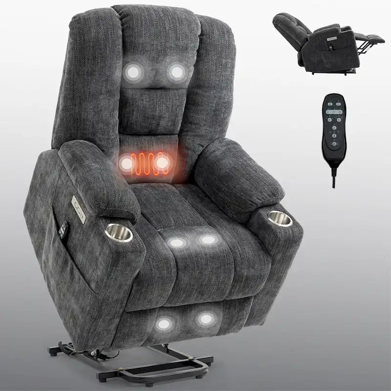 Poltrona Reclinabile Elettrica Spaziosa Grigia con Massaggio, Calore, Doppie Porte USB, Ricarica Tipo C e Portabicchieri
