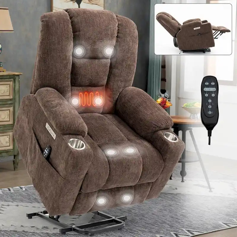 Poltrona Reclinabile Elettrica Spaziosa Grigia con Massaggio, Calore, Doppie Porte USB, Ricarica Tipo C e Portabicchieri