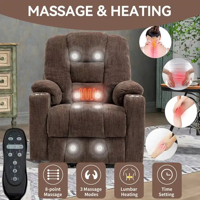 Poltrona Reclinabile Elettrica Spaziosa Grigia con Massaggio, Calore, Doppie Porte USB, Ricarica Tipo C e Portabicchieri