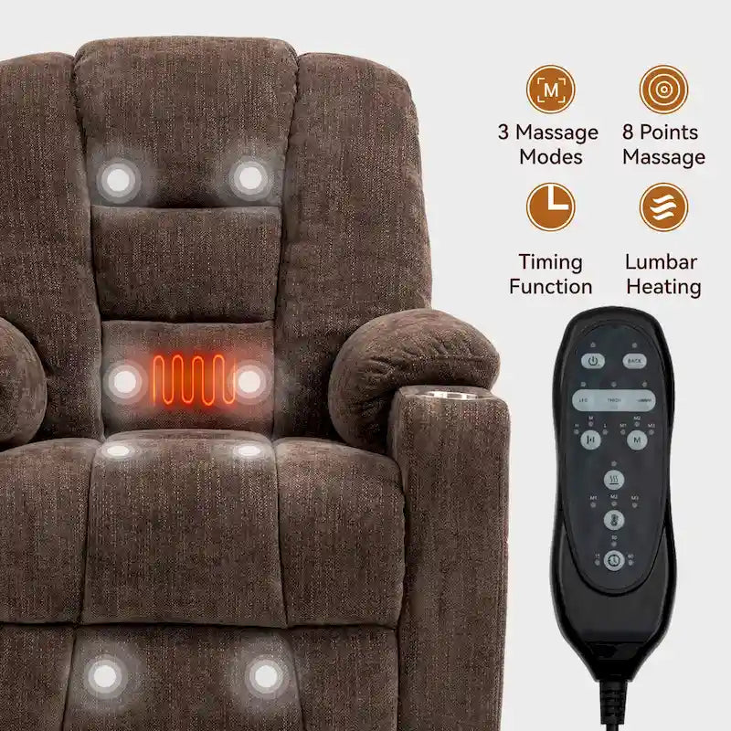 Poltrona Reclinabile Elettrica Spaziosa Grigia con Massaggio, Calore, Doppie Porte USB, Ricarica Tipo C e Portabicchieri