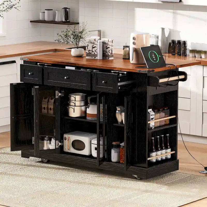 Isola da Cucina su Ruote Bloccabili con Anta a Ribalta, Tavolo a Isola Mobile con 2 Ante in Vetro Temperato, Presa di Corrente e 5 Ripiani Aperti