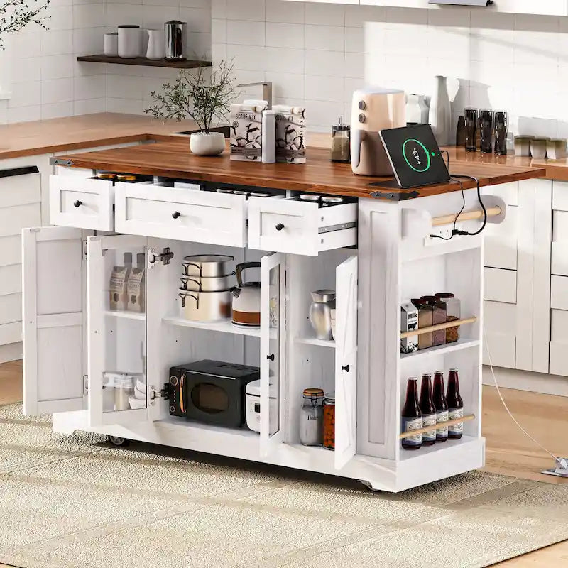 Isola da Cucina su Ruote Bloccabili con Anta a Ribalta, Tavolo a Isola Mobile con 2 Ante in Vetro Temperato, Presa di Corrente e 5 Ripiani Aperti
