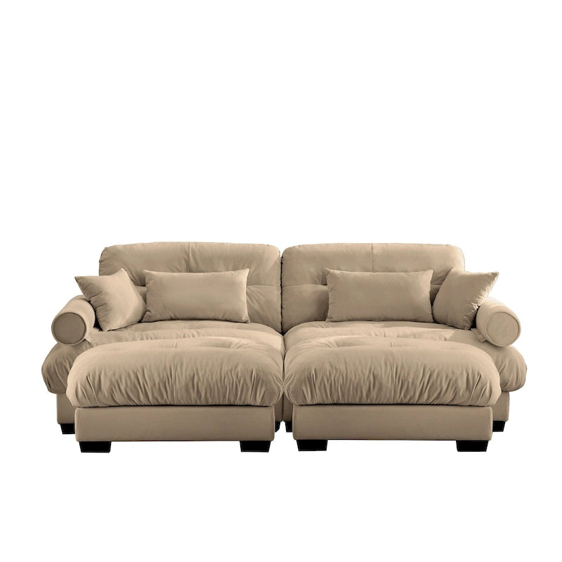 Divano sezionale modulare vintage in velluto cammello / grigio / crema / blu / verde oliva con 2 pouf – 2+ posti
