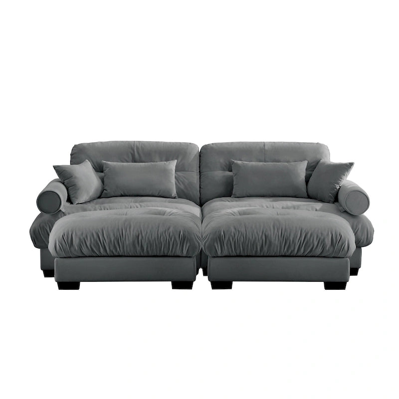 Divano sezionale modulare vintage in velluto cammello / grigio / crema / blu / verde oliva con 2 pouf – 2+ posti