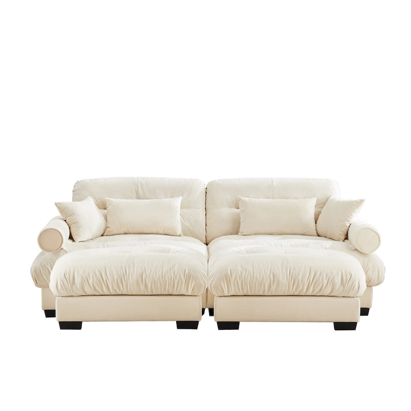 Divano sezionale modulare vintage in velluto cammello / grigio / crema / blu / verde oliva con 2 pouf – 2+ posti