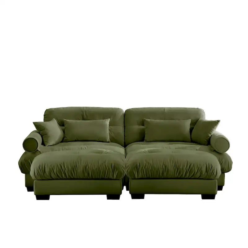 Divano sezionale modulare vintage in velluto cammello / grigio / crema / blu / verde oliva con 2 pouf – 2+ posti
