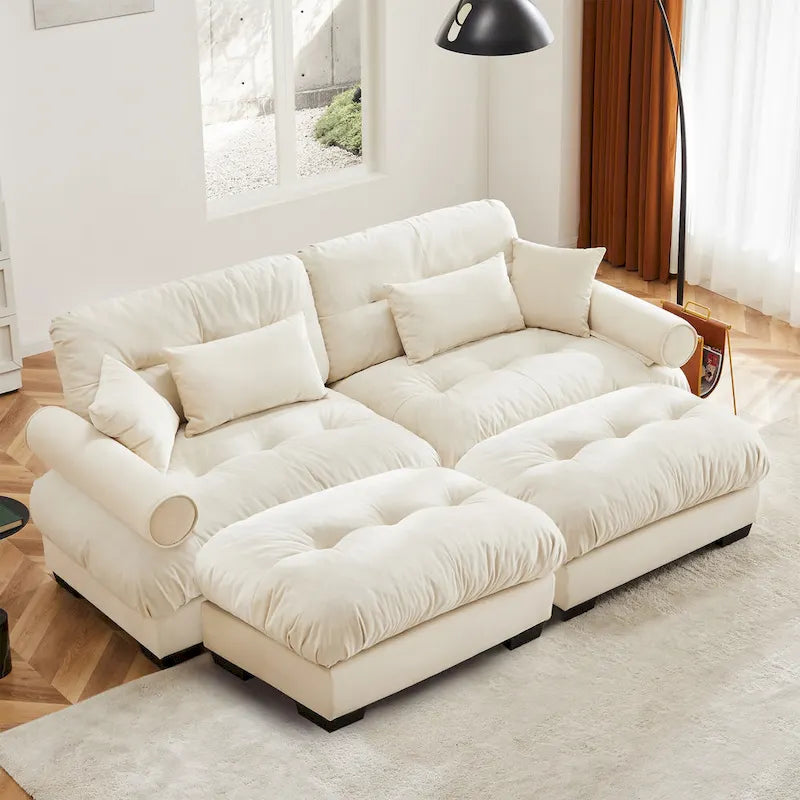 Divano sezionale modulare vintage in velluto cammello / grigio / crema / blu / verde oliva con 2 pouf – 2+ posti
