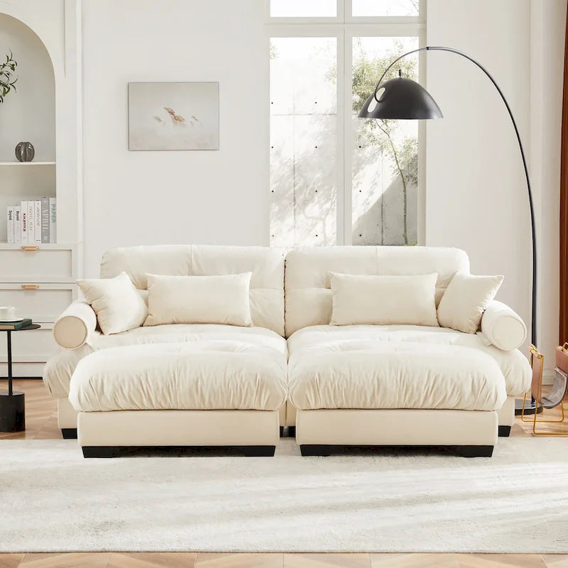Divano sezionale modulare vintage in velluto cammello / grigio / crema / blu / verde oliva con 2 pouf – 2+ posti