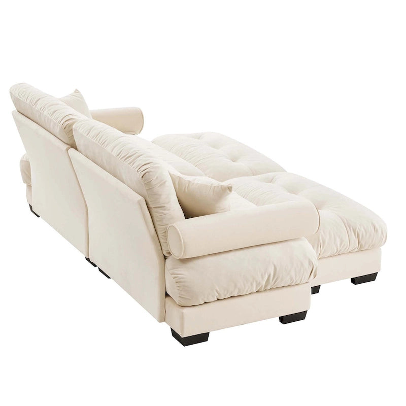 Divano sezionale modulare vintage in velluto cammello / grigio / crema / blu / verde oliva con 2 pouf – 2+ posti